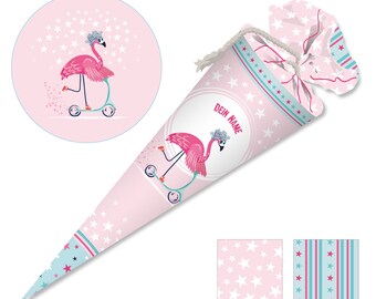 Genähte Schultüte mit Namen -  Stoff - komplett inkl Papprohling ! Flamingo Scooter - Schultüte - personalisiert - 318