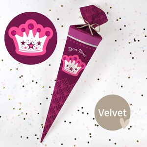 Cono escolar cosido con nombre - tela - ¡completo con cartón en blanco! Reina Creativa - Terciopelo - Vel413