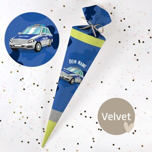 Cono escolar cosido con nombre - tela - ¡completo con cartón en blanco! Police - Amarillo/Azul - Terciopelo - Vel374