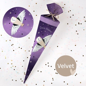 Cono escolar cosido con nombre - tela - ¡completo con cartón en blanco! Hermoso Búho en flor - Terciopelo - Vel421