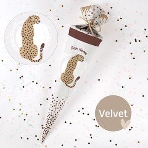 Cono escolar cosido con nombre - tela - ¡completo con cartón en blanco! Leopardo Loryn - Terciopelo - Vel408