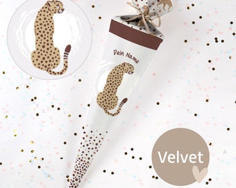 Genähte Schultüte mit Namen -  Stoff - komplett inkl Papprohling ! Leopard Loryn - Velvet - Vel408