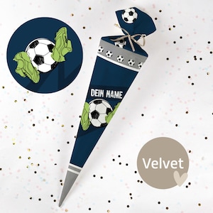 Cono escolar cosido con nombre - tela - ¡completo con cartón en blanco! Fútbol - Azul oscuro - Terciopelo - Vel377