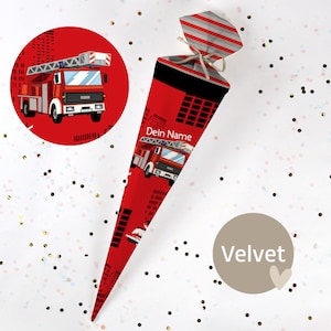 Cono escolar cosido con nombre - tela - ¡completo con cartón en blanco! Cuerpo de Bomberos - Rojo/Negro - Terciopelo - Vel373