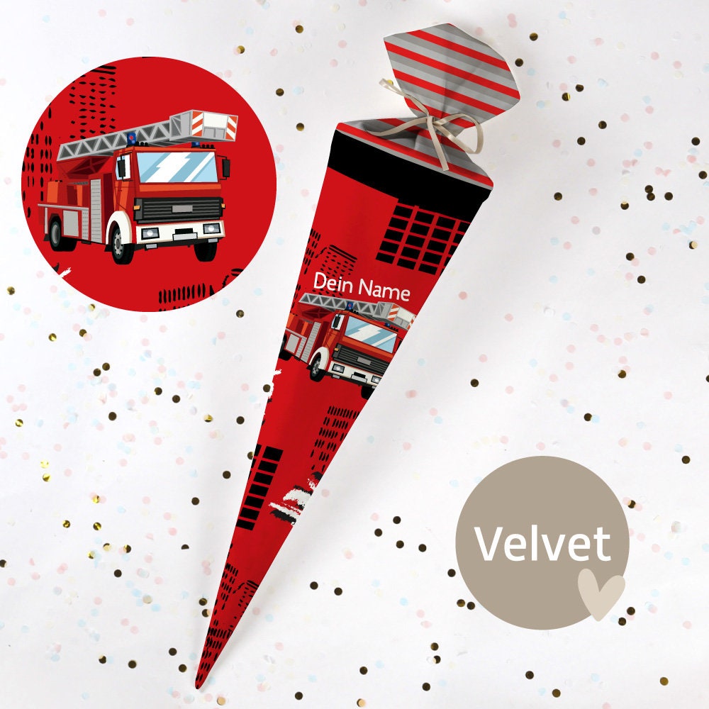 Sewn school cone with name - fabric - complete with cardboard blank! Fire Department - Red/Black - Velvet - Vel373