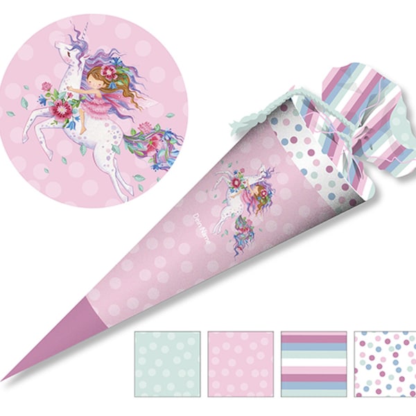 Genähte Schultüte mit Namen -  Stoff - komplett inkl Papprohling ! Einhorn Fee @Wildblume - Schultüte - personalisiert - 067