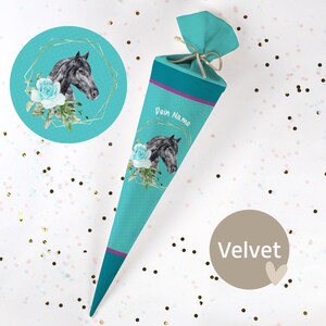 Cono escolar cosido con nombre - tela - ¡completo con cartón en blanco! Caballo - Corona Dorada - Azul Turquesa - Terciopelo - Vel398