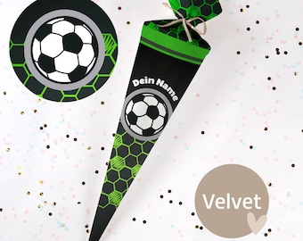 Sewn school cone with name - fabric - complete with cardboard blank! Football - Black/Green/Grey - Velvet - Vel423
