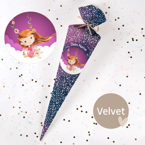 Cono escolar cosido con nombre - tela - ¡completo con cartón en blanco! Princesa Rosa - Terciopelo - Vel411
