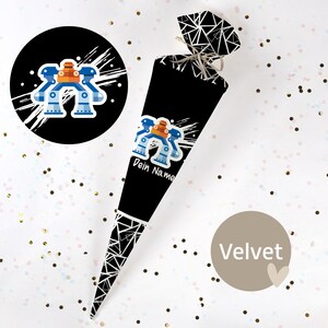 Cono escolar cosido con nombre - tela - ¡completo con cartón en blanco! Robot - Azul/Naranja/Negro - Terciopelo - Vel378