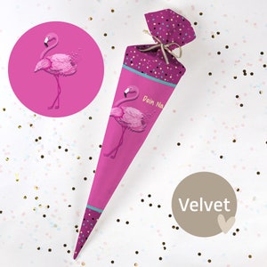 Cono escolar cosido con nombre - tela - ¡completo con cartón en blanco! Felia Flamingo - Terciopelo - Vel393