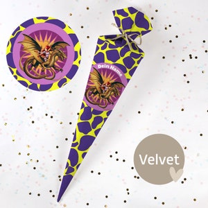 Cono escolar cosido con nombre - tela - ¡completo con cartón en blanco! Jinete de Dragón - Morado/Amarillo - Terciopelo - Vel450