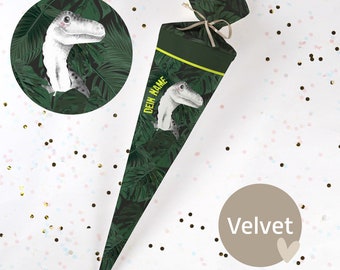 Sewn school cone with name - fabric - complete with cardboard blank! Dino - Palm Leaves - Velvet - Vel390
