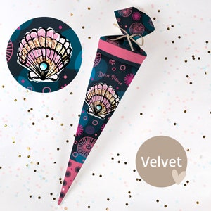 Cono escolar cosido con nombre - tela - ¡completo con cartón en blanco! Concha Brillante - Terciopelo - Vel417