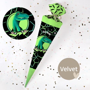 Cono escolar cosido con nombre - tela - ¡completo con cartón en blanco! Minty Dinosaurio Myles - Terciopelo - Vel430