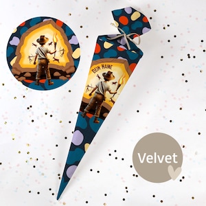 Cono escolar cosido con nombre - tela - ¡completo con cartón en blanco! Explorador - Terciopelo - Vel457