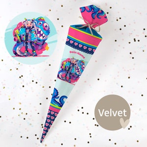 Cono escolar cosido con nombre - tela - ¡completo con cartón en blanco! Mi Monstruo y Yo - Terciopelo - Vel444