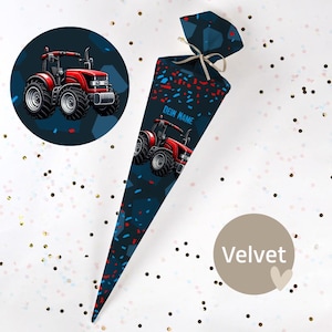 Cône scolaire cousu avec nom - Tracteur Rouge - Noir - Velours - Vel588