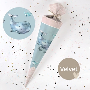 Cono escolar cosido con nombre - tela - ¡completo con cartón en blanco! Ocean Friends - Gris Azul/Rosa - Terciopelo - Vel391