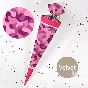 Cono escolar cosido con nombre - tela - ¡completo con cartón en blanco! Camuflaje - Morado/Rosa - Terciopelo - Vel399