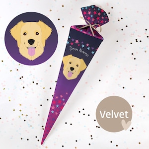 Cono escolar cosido con nombre - tela - ¡completo con cartón en blanco! Cachorro Wileen - Terciopelo - Vel410