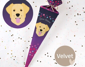 Sewn school cone with name - fabric - complete with cardboard blank! Wileen puppy - Velvet - Vel410