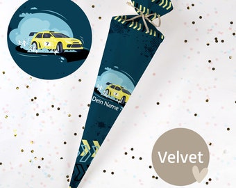 Sewn school cone with name - fabric - complete with cardboard blank! Racing Car - Petrol/Yellow - Velvet - Vel376