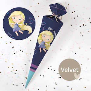 Cono escolar cosido con nombre - tela - ¡completo con cartón en blanco! Hada Estrella - Terciopelo - Vel401