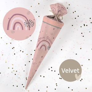 Cono escolar cosido con nombre - tela - ¡completo con cartón en blanco! Rainbow Love - Rosa Salmón - Terciopelo - Vel386