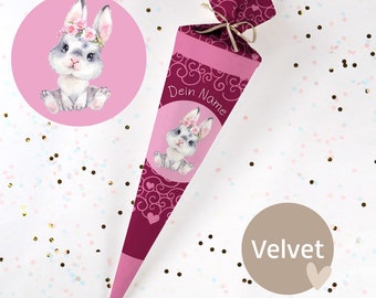 Sewn school cone with name - fabric - complete with cardboard blank! Blissful Bunny Brooke - Velvet - Vel416