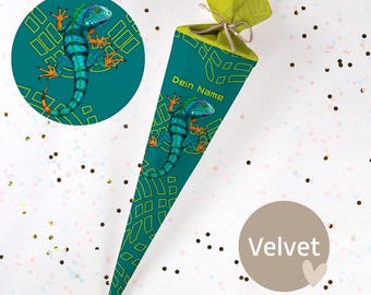 Personalized school cone with name - fabric - complete including cardboard insert! Funny iguana - Velvet - Vel681
