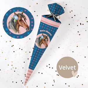 Cono escolar cosido con nombre - tela - ¡completo con cartón en blanco! Amapola De Caballo - Terciopelo - Vel407