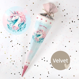 Cono escolar cosido con nombre - tela - ¡completo con cartón en blanco! Precioso Unicornio - Terciopelo - Vel448