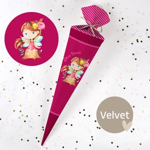 Cono escolar cosido con nombre - tela - ¡completo con cartón en blanco! Faye - Rosa - Terciopelo - Vel383