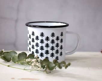 Enamel cup - fir with dots - white - fir - edge freely selectable - silver, blue, black