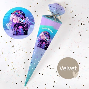 Cono escolar cosido con nombre - tela - ¡completo con cartón en blanco! Cool Girl - Estrellas - Terciopelo - Vel443