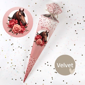 Cono escolar cosido con nombre - tela - ¡completo con cartón en blanco! Caballo de Otoño - Starlight - Terciopelo - Vel440