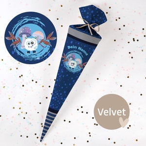 Cono escolar cosido con nombre - tela - ¡completo con cartón en blanco! Monstruo de Otoño Henry - Azul Oscuro - Terciopelo - Vel424