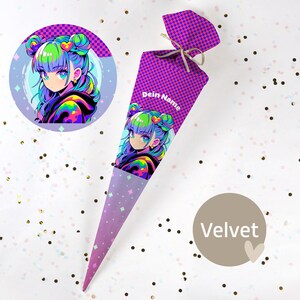 Cono escolar cosido con nombre - tela - ¡completo con cartón en blanco! Cool Girl - Lila/Azul - Terciopelo - Vel445