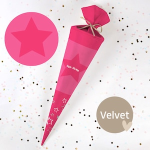 Cono escolar cosido con nombre - tela - ¡completo con cartón en blanco! Estrella - Rosa - Terciopelo - Vel375