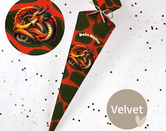 Genähte Schultüte mit Namen -  Stoff - komplett inkl Papprohling ! Dangerous Dragon - Khakigruen/Rot - Velvet - Vel451