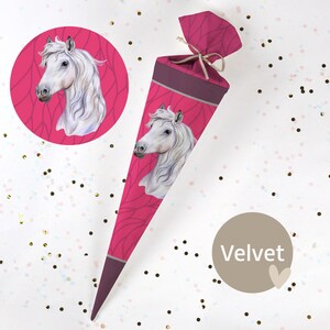 Cono escolar cosido con nombre - tela - ¡completo con cartón en blanco! Caballo Penélope - Rosa - Terciopelo - Vel392