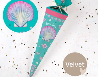 Sewn school cone with name - fabric - complete with cardboard blank! Sea Dream - Velvet - Vel427