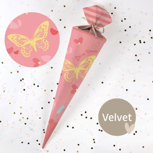 Cono escolar cosido con nombre - tela - ¡completo con cartón en blanco! Mariposa Stella - Terciopelo - Vel380