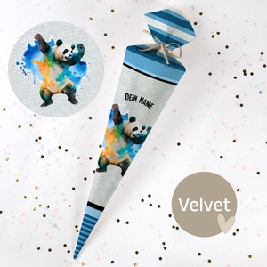 Cono escolar cosido con nombre - tela - ¡completo con cartón en blanco! Cool Panda - Terciopelo - Vel433