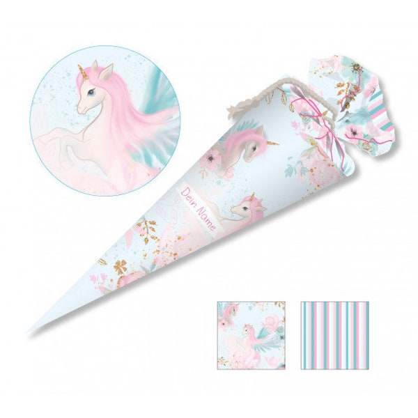 Genähte Schultüte mit Namen -  Stoff - komplett inkl Papprohling! Unicorn Dreams - Schultüte - personalisiert - 252