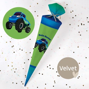 Cono escolar cosido con nombre - tela - ¡completo con cartón en blanco! Monster Truck - Verde/Azul - Terciopelo - Vel382