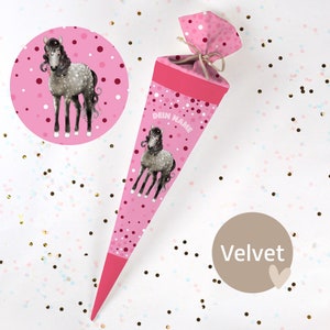 Cono escolar cosido con nombre - tela - ¡completo con cartón en blanco! Palila Caballo - Terciopelo - Vel405