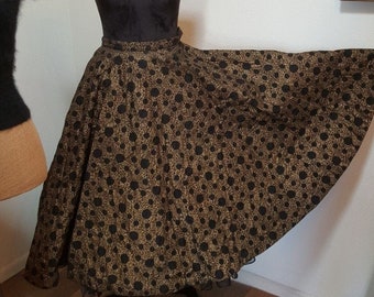 Fab 1950s Quilted Black and Gold Full Circle  Vintage Skirt  XSm Vintage Skirt Full Circle 1950s Skirt True Vintage Small 50s skirt