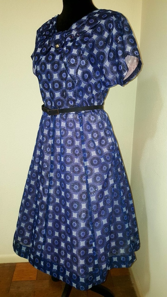 Volup Blue Viole Abstract 1950s Vintage Day Dress… - image 1